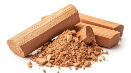 Sandalwood Logs and Powder on White Background for Aromatherapy and Craft Use, Perfect for Relaxation, Meditation, and Natural Fragrance in Various DIY Projects and Wellness Practices