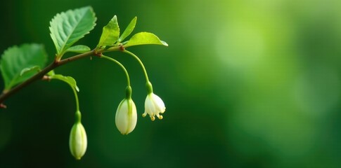 Delicate green stems suspended from a branch with a small white flower at the tip, slender stems, botanicals, hanging flowers