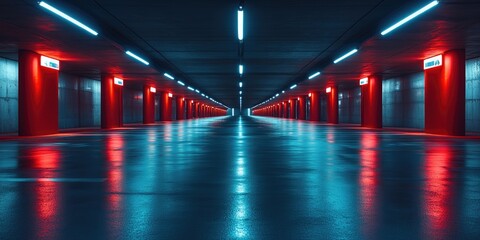 Vacant Underground Parking Garage with Neon Lights and Reflective Floor Space for Text