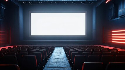Futuristic cinema auditorium illuminated with red lights and empty seats