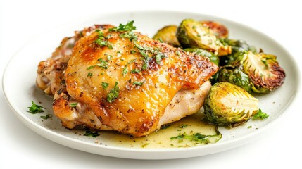 Savory Roasted Chicken Thighs with Crispy Brussels Sprouts on a Plate - A Delicious Recipe for Family Dinners and Culinary Enthusiasts