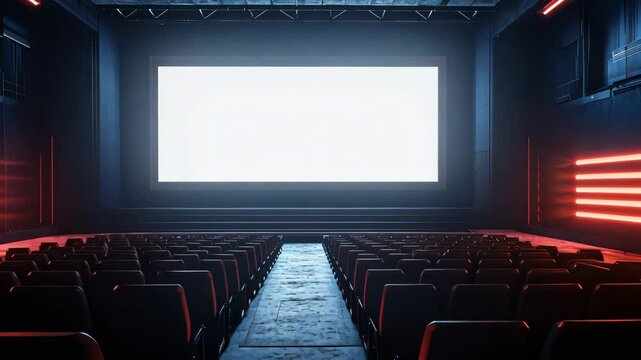 Futuristic cinema auditorium illuminated with red lights and empty seats