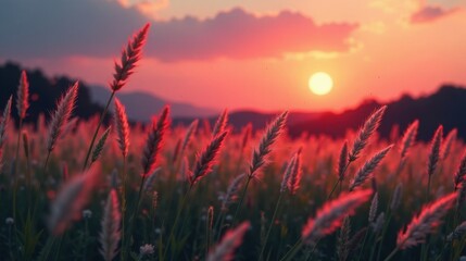 Fototapeta premium Serene Sunset Landscape Featuring Silhouettes of Grass Against a Vibrant Sky