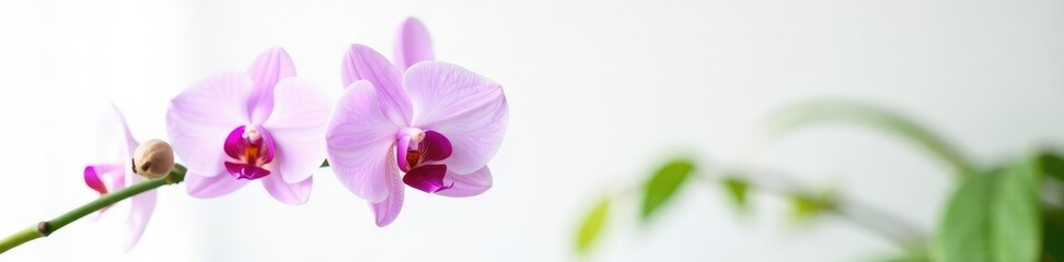 Obraz premium delicate light purple orchid branch with green leaves isolated on white background, flower, garden, minimalist decor