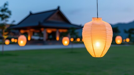 Obraz premium Illuminated paper lanterns at dusk, Asian pavilion backdrop, tranquil garden setting, event decor