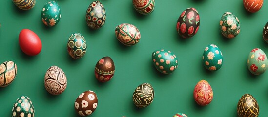 Decoratively painted Easter eggs scattered on vibrant green background for festive holiday celebrations