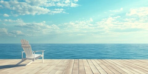 Obraz premium Secluded Beach Deck with Empty Chair Overlooking Calm Ocean and Clear Blue Skies Ideal for Relaxation and Text Placement