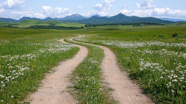Winding dirt road through a wildflower meadow in the mountains.
