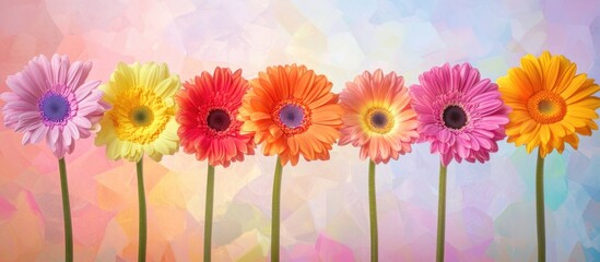 Colorful Gerbera daisies in a row with a soft watercolor background creating a cheerful and vibrant floral pattern.