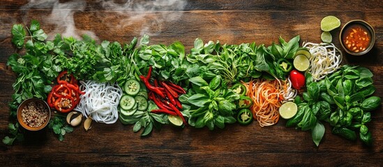 Fresh herbs and vibrant garnishes for authentic pho noodle soup on a rustic wooden background