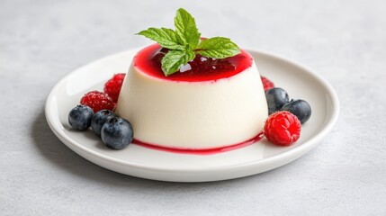 A creamy panna cotta topped with berry sauce and fresh berries, garnished with mint, served on a white plate.