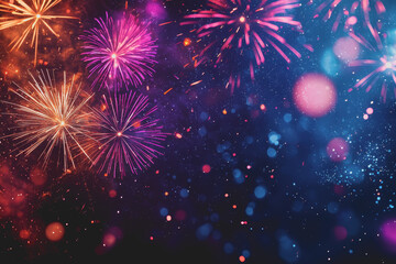 Obraz premium Colorful fireworks display bursting in various patterns against a dark night sky creating a vibrant celebration atmosphere