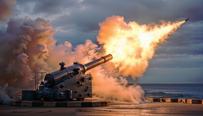 A massive naval cannon shoots projectiles with incredible energy against the backdrop of a picturesque Sunset sky