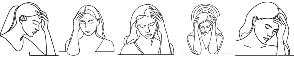 set continuous line woman headache