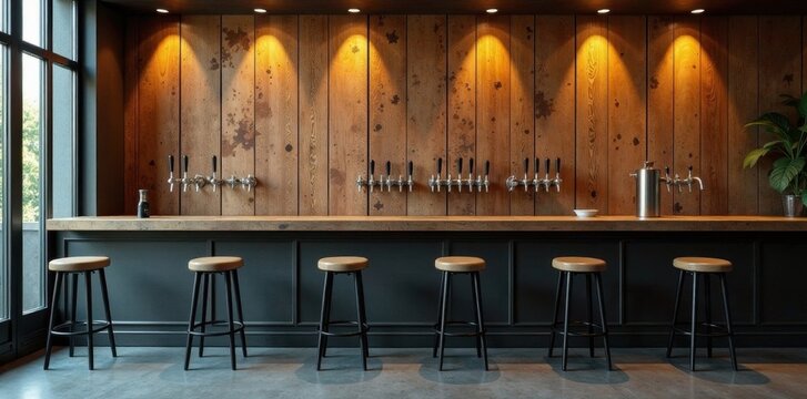 Modern bar interior design with wooden wall paneling and metal bar stools