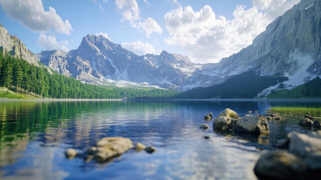 Majestic mountain lake scene with reflections and rocky foreground under a cloudy sky - Powered by Adobe