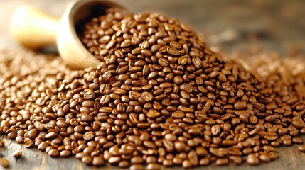 Freshly Roasted Coffee Beans Piled on Rustic Wooden Surface