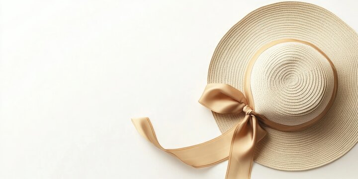 Elegant Straw Summer Hat with Ribbon on Neutral Background for Stylish Fashion and Event Promotions with Copy Space for Text