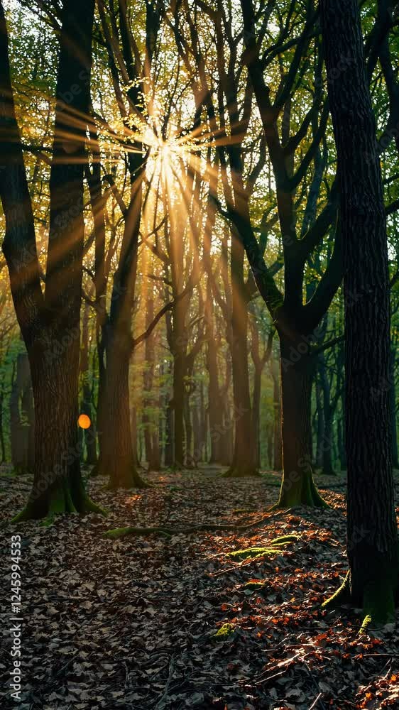 Poster A glowing golden light radiating through tree branches with floating firefly-like particles.