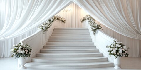 Elegant white wedding staircase adorned with floral arrangements ideal for fairytale themes and customizable text space for invitations or announcements