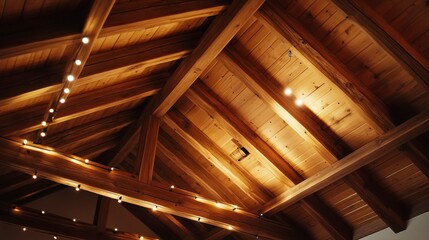 Naklejka premium Rustic wooden ceiling with exposed beams in a cozy environment warm lighting architectural detail