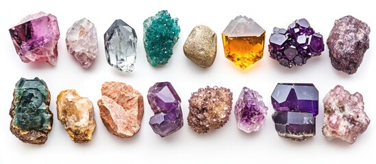 Diverse collection of colorful gems and minerals arranged on a white background showcasing their unique shapes and textures.