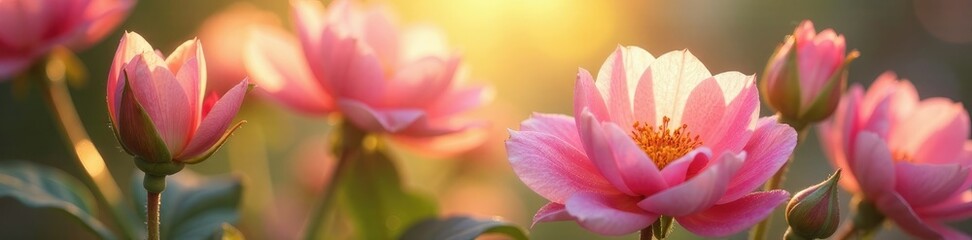 Fototapeta premium Delicate petals glisten in sunlight filtering through the glass, elegant, dewy, arrangement