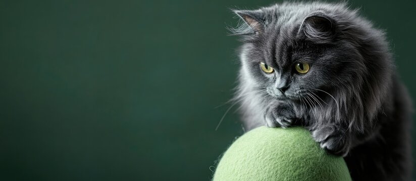 Fluffy dark gray cat closeup with artistic horoscopic concept on green ball against green background featuring copy space for text