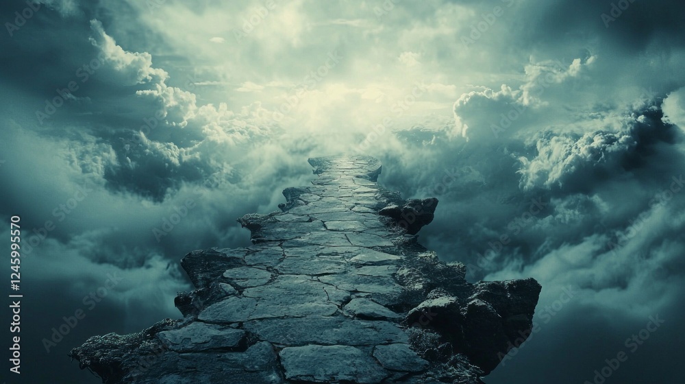 Poster a winding stone path emerges from dense clouds, leading toward an otherworldly glow. this surreal la