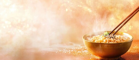 Fototapeta premium Golden Noodle Bowl Close-Up with Chopsticks Artistic Background for Ramen Style Soup Concept Banner and Copy Space for Text