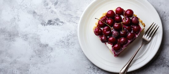 Cherry pie dessert on white plate with fresh cherries and fork showcasing culinary delight with atmosphere for text placement
