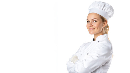 Blond young chef woman smiling isolated on white background