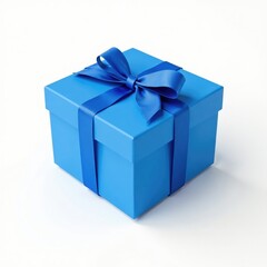 Obraz premium Blue gift box with a tied ribbon bow lid in mid-air on white background, blue, white, ribbon