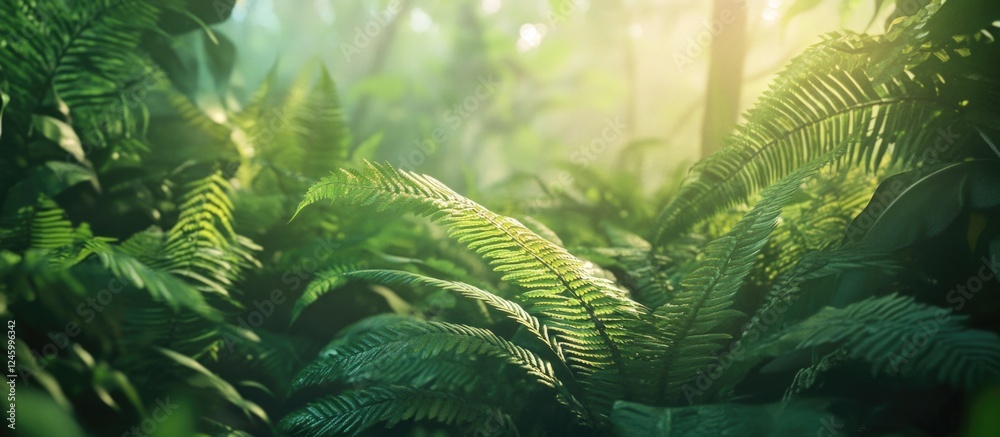 Wall mural Lush green fern leaves illuminated by sunlight in a tranquil forest setting creating a serene natural backdrop with selective focus.