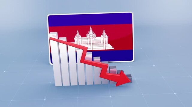 Cambodia country flag and bar chart graph showing decreasing values a red arrow economic crisis concept. Flag of Cambodia