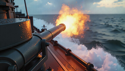 Intense Naval Cannon Firing with Dramatic Orange Flame Against Oceanic Twilight Backdrop
