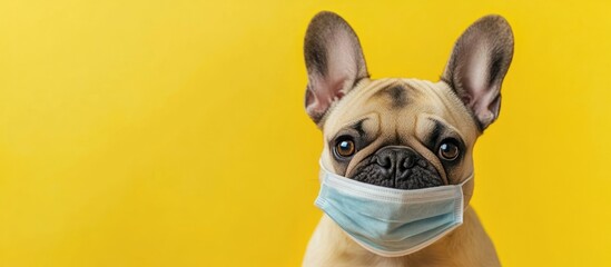 French Bulldog in medical mask against vibrant yellow background with COVID-19 warning sign and ample space for text insertion