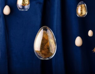 An avant-garde composition featuring floating transparent eggs filled with delicate gold leaf,...