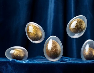 An avant-garde composition featuring floating transparent eggs filled with delicate gold leaf, creating a striking and artistic contrast between transparency and opulence.