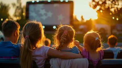 Children enjoying an outdoor movie screening at sunset, creating cherished memories together as they watch the big screen.