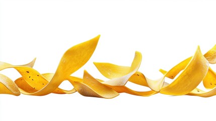 Curved Yellow Potato Peel Strips on White Background for Food Styling