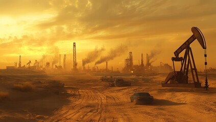 A realistic photograph of an oil field in the desert, with several pump jacks and derricks