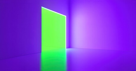 Neon paradise gradient transitioning between glowing purple and electric lime with grainy texture. The scene features geometric structures, glowing steps, and a reflective surface
