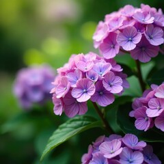Fototapeta premium Delicate petals unfold on purple hydrangea stems, hydrangea, flower power, flowers
