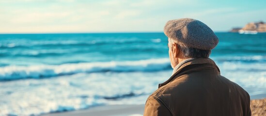 Fisherman in beret gazing at the ocean with serene beach backdrop and ample copyspace for text and advertisements