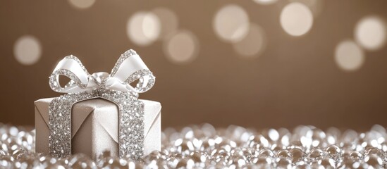 Elegant gift box with a sparkling ribbon on a festive background ideal for holiday greetings and customizable text space.