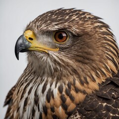 "A close-up portrait of a fierce hawk, showcasing its intricate feather details and sharp beak, against a white background."