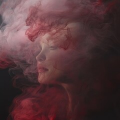 Woman exhaling red smoke with zen papaya against a black background in a dramatic scene