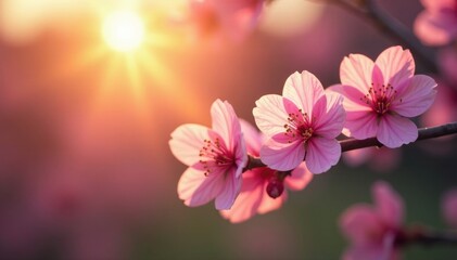 Obraz premium Delicate pink blossoms stretch towards warm sunlight, nature, pink