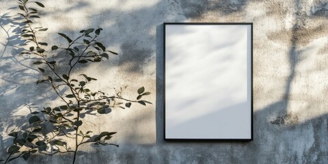Empty vertical poster frame on textured concrete wall with leaf shadow ideal for mockups and showcasing designs or advertisements
